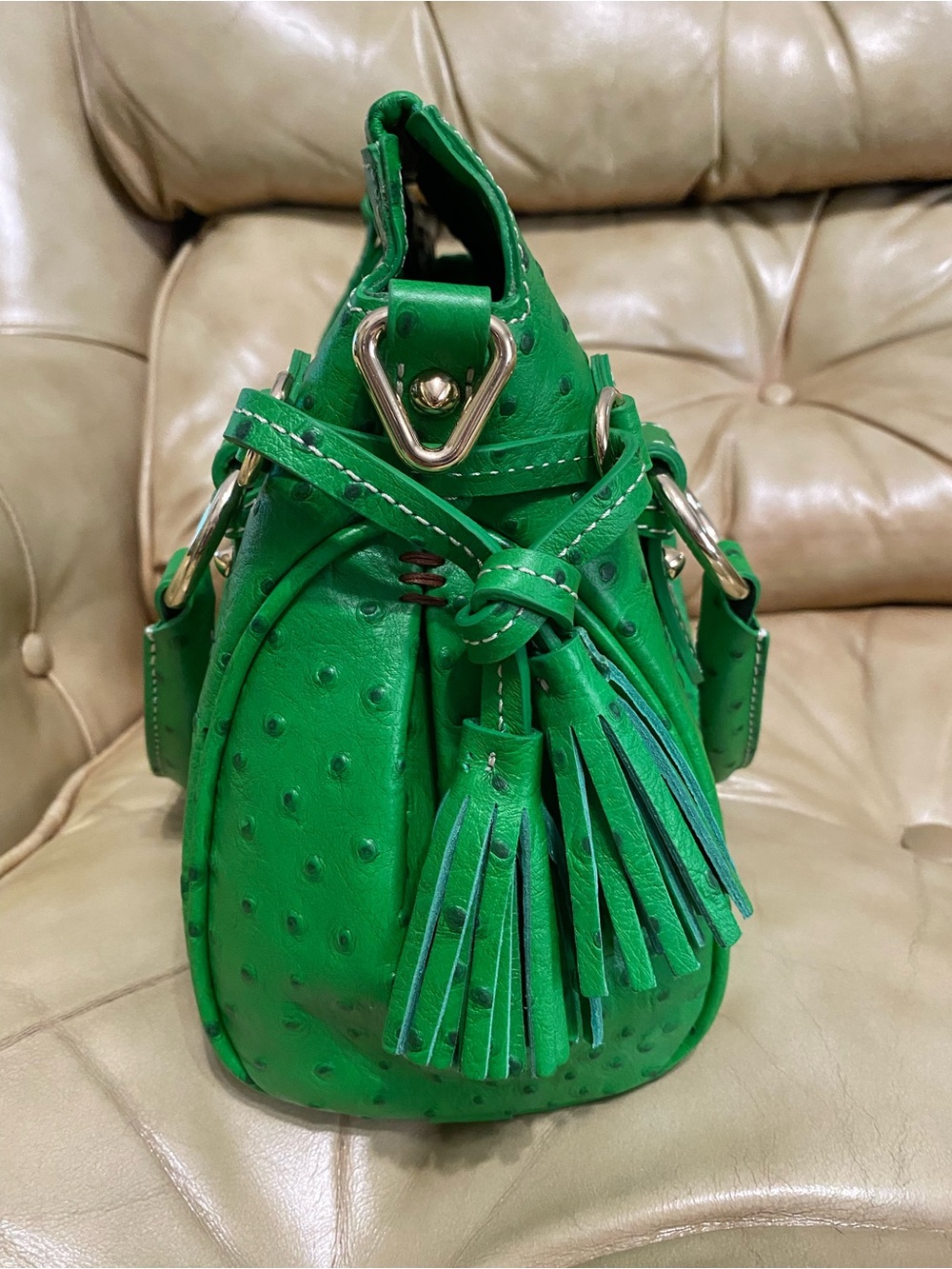 NEW Dooney & Bourke Kelly Green Pocket Satchel Ostrich Embossed Leather Tassel - Picture 5 of 15